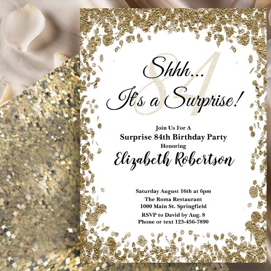 Elegant Gold Surprise 84th Birthday Invitation Kaart