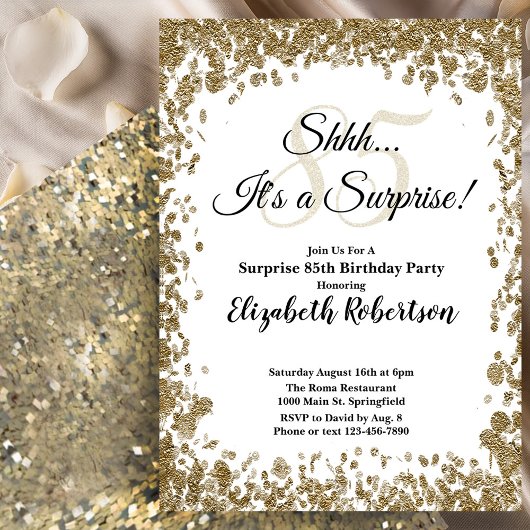 Elegant Gold Surprise 85th Birthday Invitation Kaart