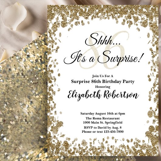 Elegant Gold Surprise 86th Birthday Invitation Kaart