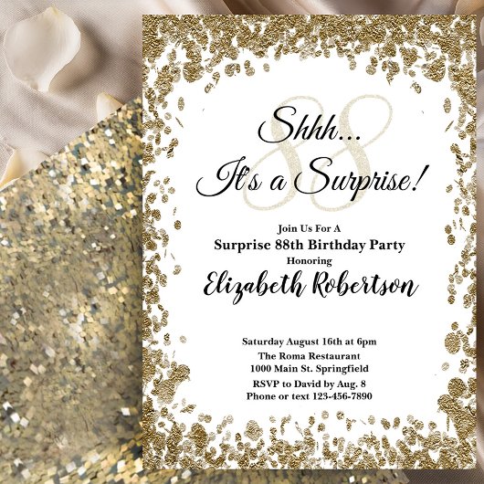 Elegant Gold Surprise 88th Birthday Invitation Kaart