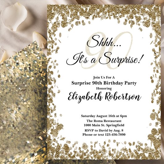 Elegant Gold Surprise 90th Birthday Invitation Kaart