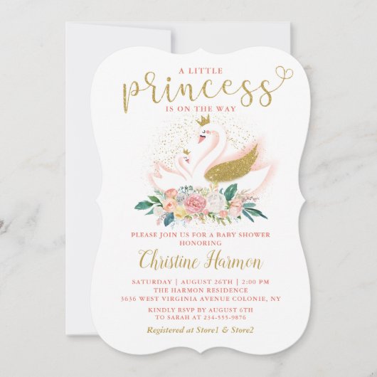 Elegant Gold Swan Princess Pink Floral Baby shower Kaart (Voorkant)