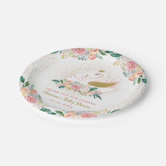 Elegant Gold Swan Princess Pink Floral Baby shower Papieren Bordje (Gekanteld)