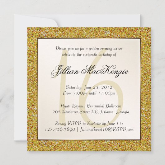 Elegant Gold Sweet 16 Faux Glitter Invite Kaart (Voorkant)