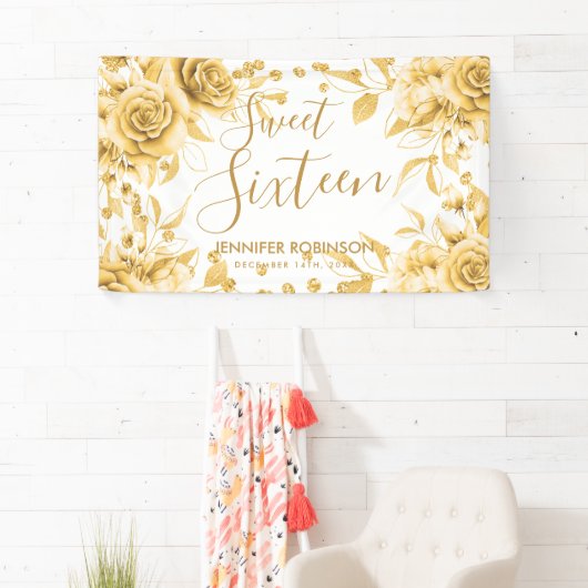 Elegant Gold Sweet 16 Glitter Confetti Bloemen Spandoek (Insitu)