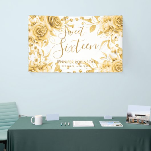 Elegant Gold Sweet 16 Glitter Confetti Bloemen Spandoek (Beurs)