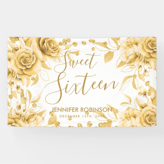 Elegant Gold Sweet 16 Glitter Confetti Bloemen Spandoek (Horizontaal)
