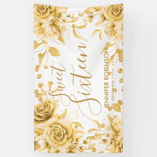 Elegant Gold Sweet 16 Glitter Confetti Bloemen Spandoek (Verticaal)
