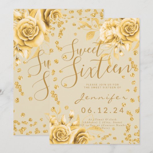 Elegant Gold Sweet 16 Glitter Confetti Floral Kaart (Voorkant / Achterkant)