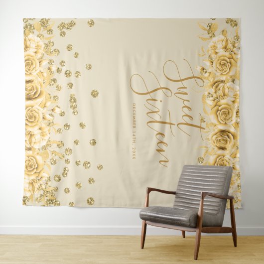 Elegant Gold Sweet 16 Glitter Confetti Floral Wandkleed (In Situ (horizontaal))