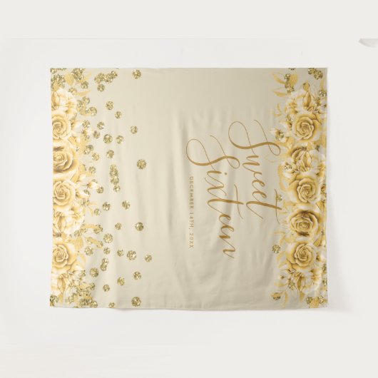 Elegant Gold Sweet 16 Glitter Confetti Floral Wandkleed (Voorkant (horizontaal))