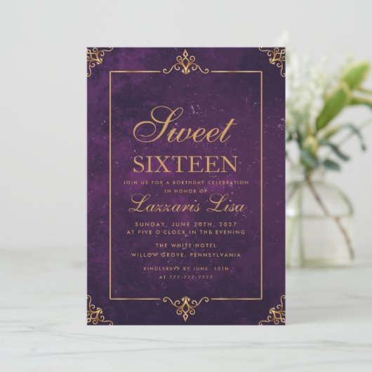 Elegant Gold Sweet Sixteen 16 Paarse Verjaardag Kaart (Staand voorkant)