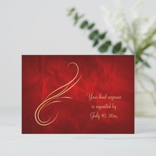 Elegant Gold Swirl Bright Red Wedding RSVP (Staand voorkant)