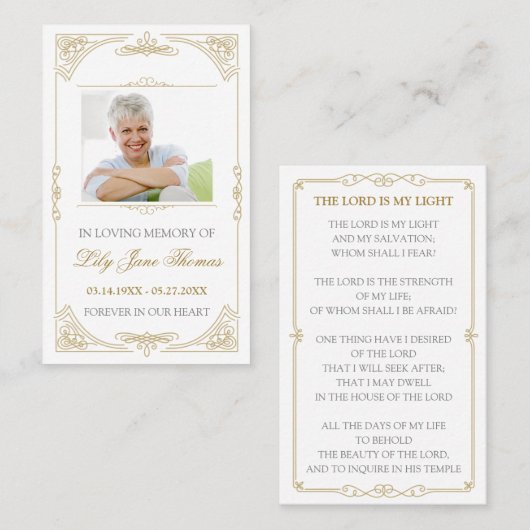Elegant Gold Swirl Funeral Prayer Card | Colo bewe Visitekaartje (Voorkant / Achterkant)