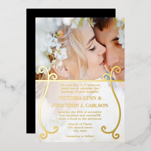Elegant Gold Swirl Photo Wedding Folie Uitnodiging (Voorkant / Achterkant)