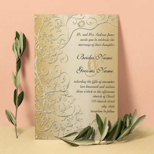 Elegant Gold Swirls Black Font Wedding Invitation Kaart