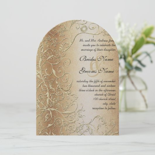 Elegant Gold Swirls Black Font Wedding Kaart (Staand voorkant)