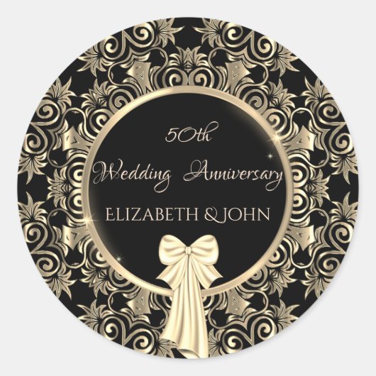 Elegant Gold Swirls, Bow Jubileum Ronde Sticker (Voorkant)