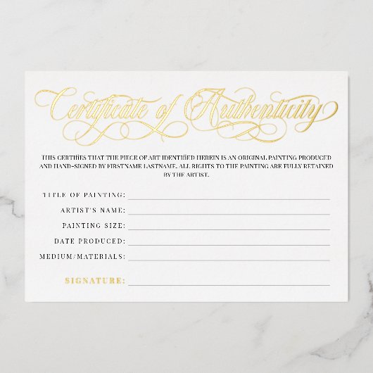 Elegant Gold Swirls Certificate of Authenticity Folie Uitnodiging (Voorkant)