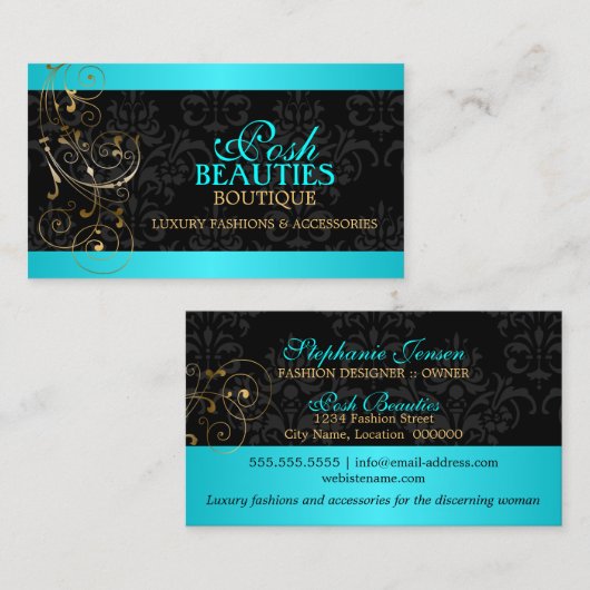 Elegant Gold Swirls en Black Damask Visitekaartje (Voorkant / Achterkant)