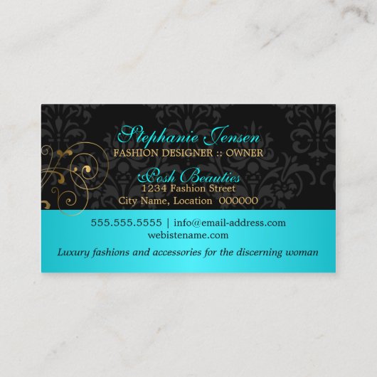 Elegant Gold Swirls en Black Damask Visitekaartje (Achterkant)