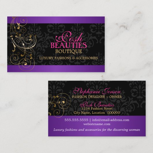 Elegant Gold Swirls en Damask Visitekaartje (Voorkant / Achterkant)