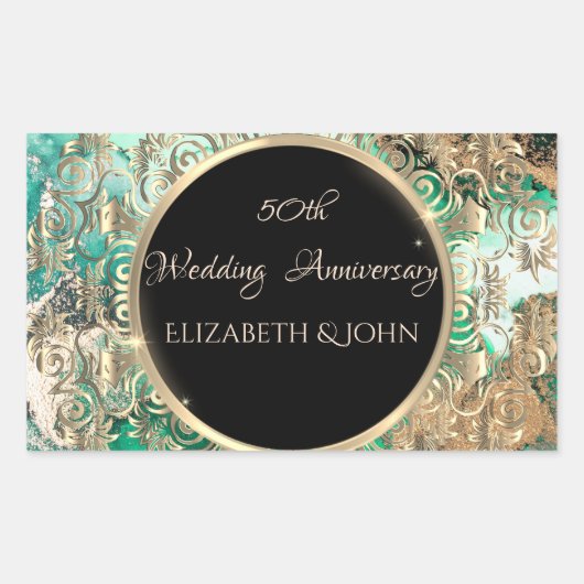 Elegant Gold Swirls Jubileum Green Marble Rechthoekige Sticker (Voorkant)