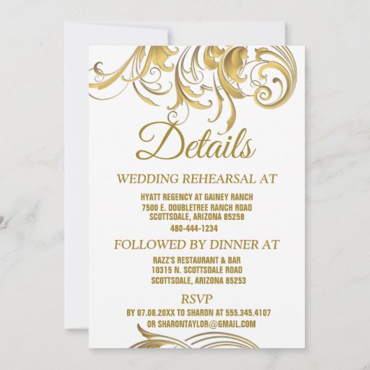 Elegant Gold  Swirls Wedding Rehearsal Din Kaart (Achterkant)