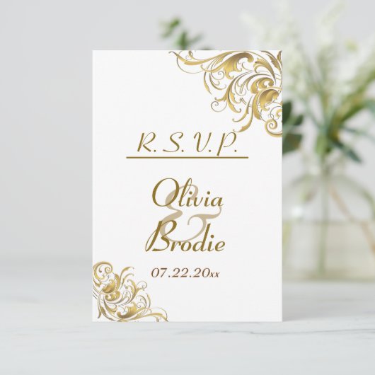 Elegant Gold  Swirls Wedding RSVP Kaartje (Staand voorkant)
