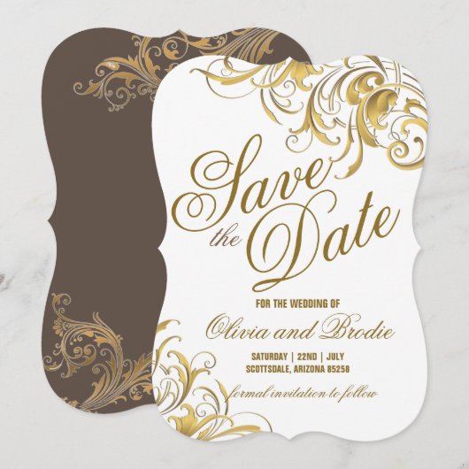 Elegant Gold  Swirls Wedding Save The Date (Voorkant / Achterkant)