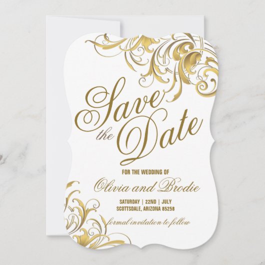 Elegant Gold  Swirls Wedding Save The Date (Voorkant)