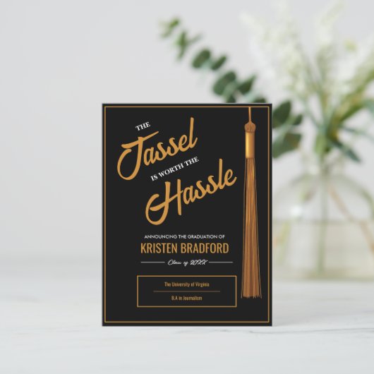 Elegant Gold Tassel Zwart Afstuderen Aankondiging Briefkaart (Staand voorkant)