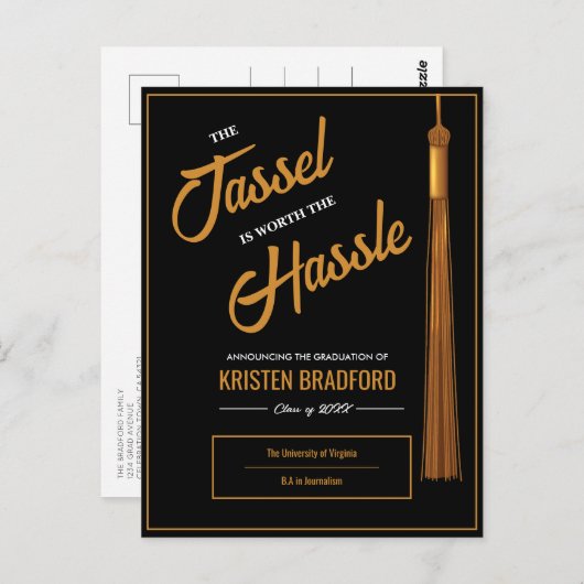Elegant Gold Tassel Zwart Afstuderen Aankondiging Briefkaart (Voorkant / Achterkant)