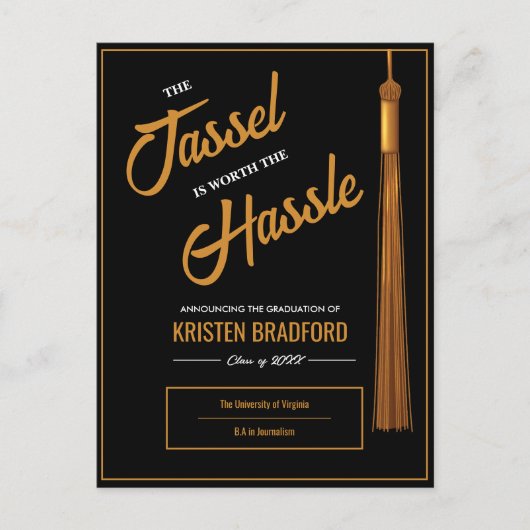 Elegant Gold Tassel Zwart Afstuderen Aankondiging Briefkaart (Voorkant)