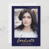 Elegant Gold Text Dark Blue Afstuderen Foto Aankondiging (Voorkant)