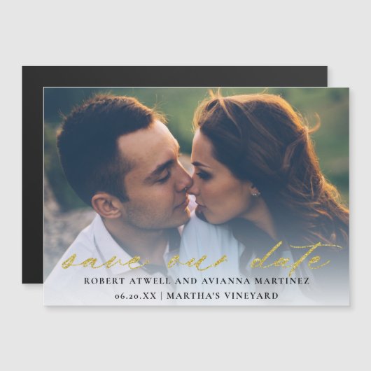 Elegant Gold Text Foto Weddenschap Save the Date Magnetische Uitnodiging (Voorkant / Achterkant)