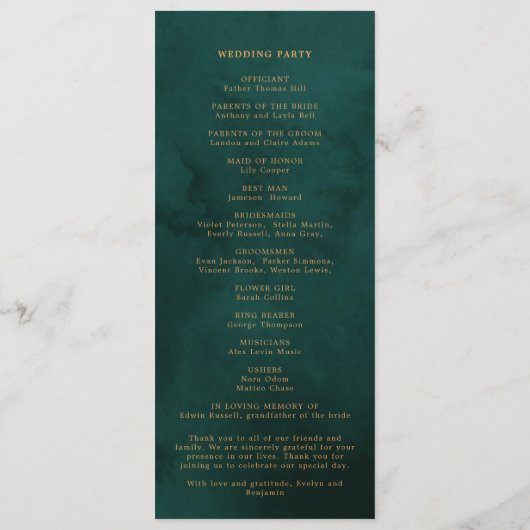 Elegant Gold Text met Green Background Wedding Programmakaart (Achterkant)