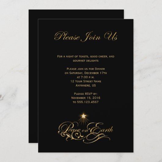 Elegant Gold Text Peace on Earth Black nodigt u ui Kaart (Voorkant / Achterkant)