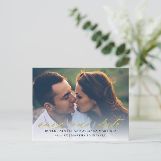 Elegant Gold Text Photo Weddenschap Save the Date Aankondigingskaart (Staand voorkant)