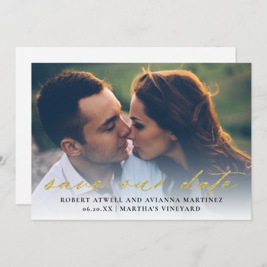 Elegant Gold Text Photo Wedding Save The Date (Voorkant / Achterkant)