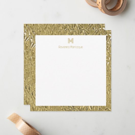 Elegant Gold Texture One Border Monogram Name  Notitiekaartje (Voorkant / Achterkant in situ)