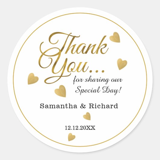 Elegant Gold Thank You Heart Wedding  Favor Ronde Sticker (Voorkant)