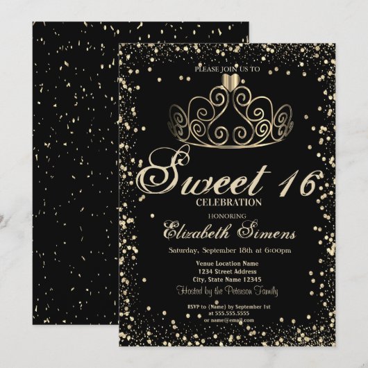 Elegant Gold Tiara Confetti Diamonds Sweet 16 Kaart (Voorkant / Achterkant)