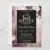 Elegant Gold Tiara, Lijst Burgundy Sweet 16 Party Kaart (Voorkant)