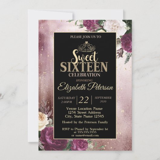 Elegant Gold Tiara, Lijst Burgundy Sweet 16 Party Kaart (Voorkant)