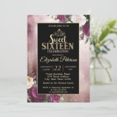 Elegant Gold Tiara, Lijst Burgundy Sweet 16 Party Kaart (Staand voorkant)