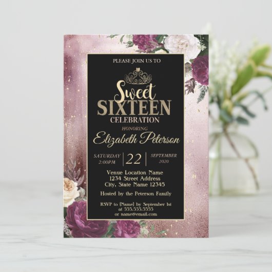 Elegant Gold Tiara, Lijst Burgundy Sweet 16 Party Kaart (Staand voorkant)