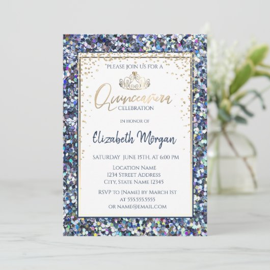 Elegant Gold Tiara, Sequins Diamonds Quinceanera Kaart (Staand voorkant)