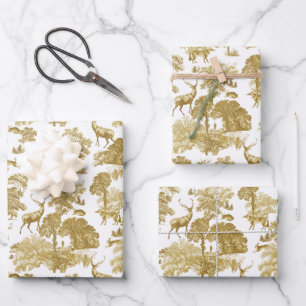 Elegant  Gold Toile Deer Fox Woodland Inpakpapier Vel