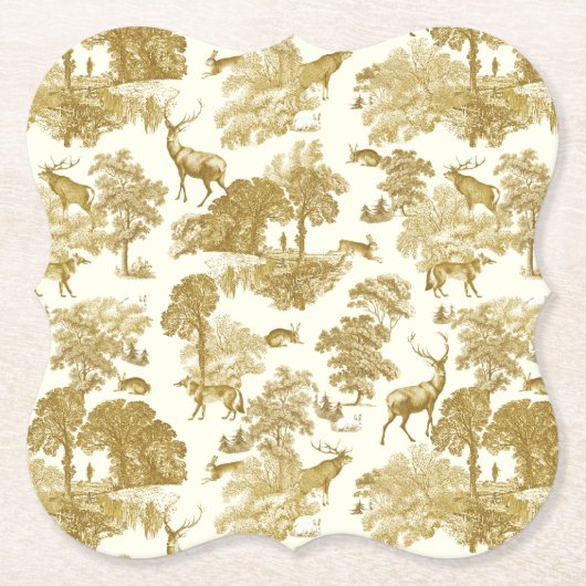 Elegant Gold Toile Deer Fox Woodland Kartonnen Onderzetters (Voorkant)